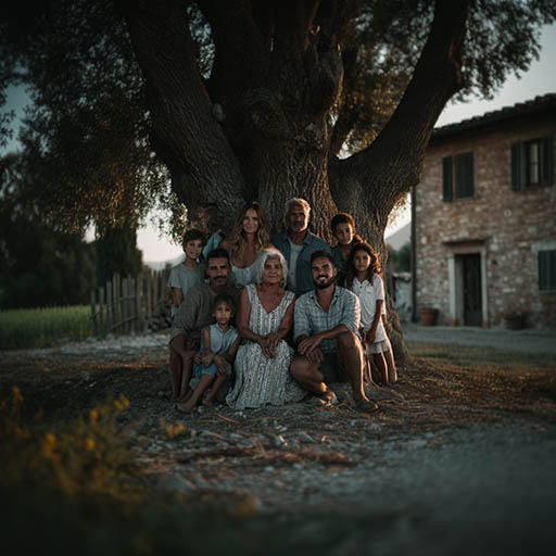 Een familie van drie generaties samen onder een oude boom bij een landhuis