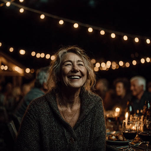 Een lachende vrouw tijdens een feestelijk diner met familie en vrienden