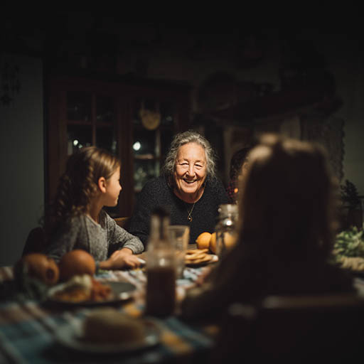 Een grootmoeder in gesprek met haar kleindochter aan tafel
